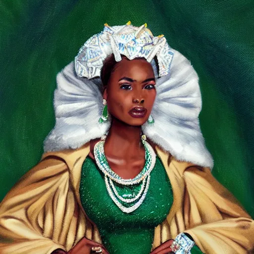 Prompt: An ethnically african duchess with an updo wearing an emerald dress and gold jewelry, fantasy character portrait