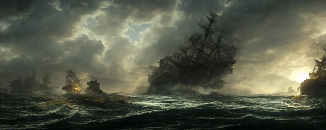 Image similar to ship sinking, beautiful dynamic lighting, cinematic, wide angle establishing shot, extremely high detail, photo realistic, cinematic lighting, post processed, concept art, artstation, matte painting, style by Anne-Louis Girodet , unreal engine 8k