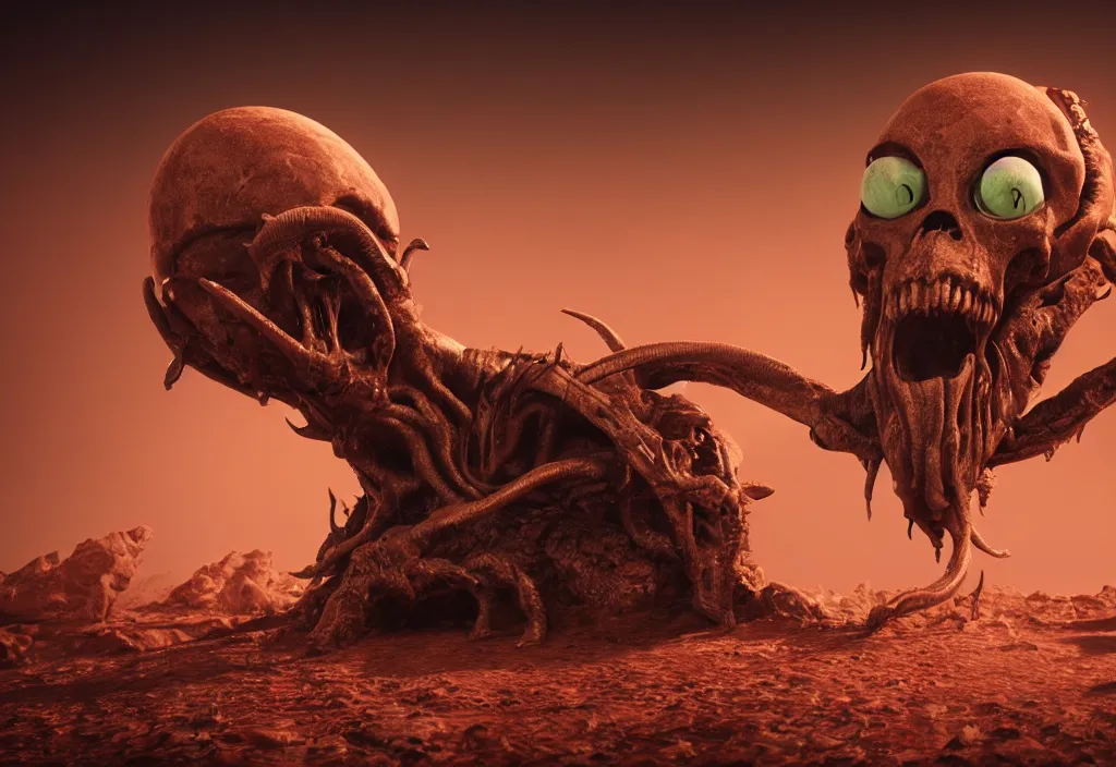 Prompt: eldritch animal alien skull in a dessert in mars, cinematic lighting, octane tender, volumetric light, dark - art