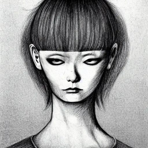 Image similar to A woman’s head ,her head is a balloon,floating in the air,horrible,pencil drawing, by Junji Ito