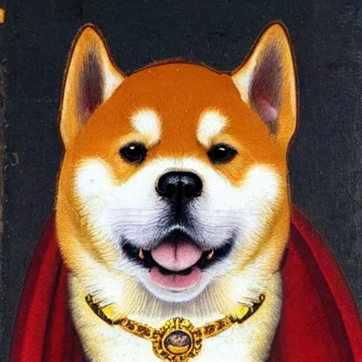 Prompt: potrait of shiba inu dog dressed as a king, medieval painting