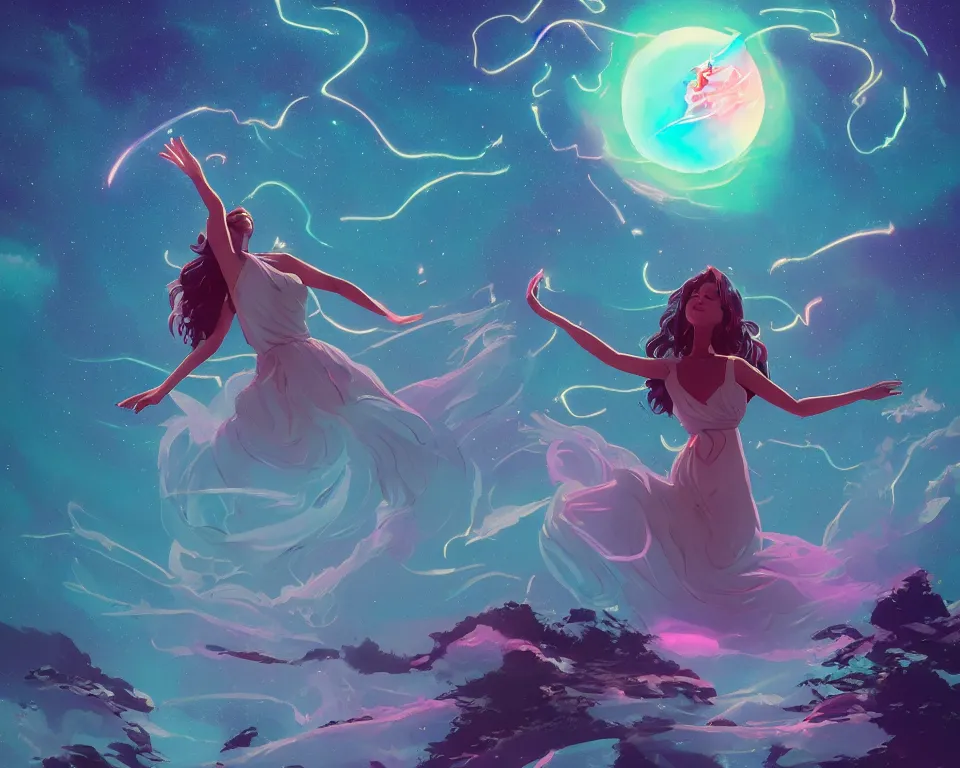 Prompt: a beautiful whimsical goddess floating above a lake basking in the moonlight, firebending, underneath a multi-colored binary blackhole with an accretion disc, glowing trails following her arms, wearing professional makeup, synthwave, by Lois van Baarle, by Greg Rutkowski, by artgerm, by beeple, by studio ghibli, cinematic angle, volumetric lighting, 4k resolution, octane render, trending on artstation, masterpiece