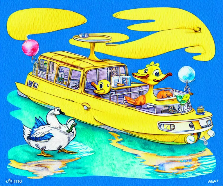 Image similar to cute and funny, duck riding in a tiny cruise ship, ratfink style by ed roth, centered award winning watercolor pen illustration, isometric illustration by chihiro iwasaki, edited by craola, tiny details by artgerm and watercolor girl, symmetrically isometrically centered