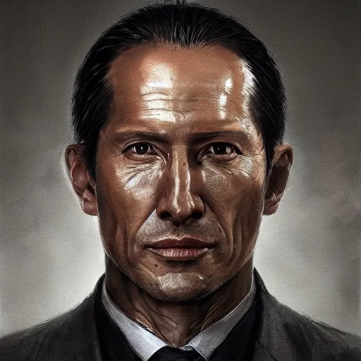 Image similar to portrait of a man by greg rutkowski, hiroyuki sanada as a ceo of weyland - yutani aliens franchise, he is about 5 0 years old, wearing futuristic office suit, highly detailed portrait, digital painting, artstation, concept art, smooth, sharp foccus ilustration, artstation hq