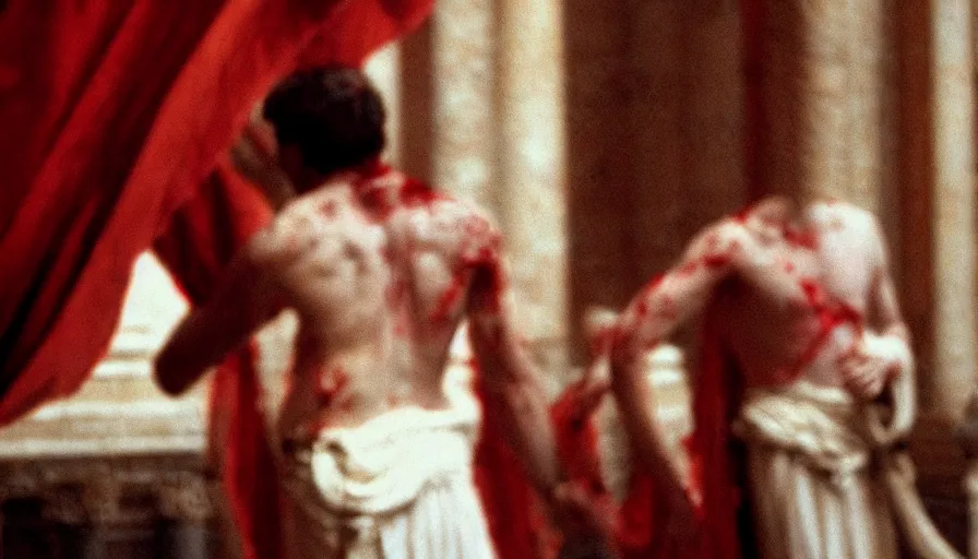 Prompt: movie still close - up by of emperor caligula murdered by a man in toga in a neoclassical room, cinestill 8 0 0 t 3 5 mm, high quality, heavy grain, high detail, dramatic light, ultra wide lens, anamorphic, blood, bleeding