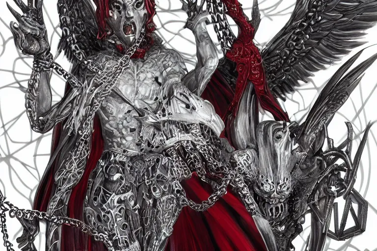 Image similar to lucifer, dark angel, demon, satan, red eyes, chain, handcuffs, large chain, wide open mouth, scream, cruelty, light effect, hyper detailed, intricate, elegant, highly detailed, digital painting, artstation, concept art, matte, sharp focus, illustration, by dan mumford, yusuke murata, makoto shinkai, ross tran