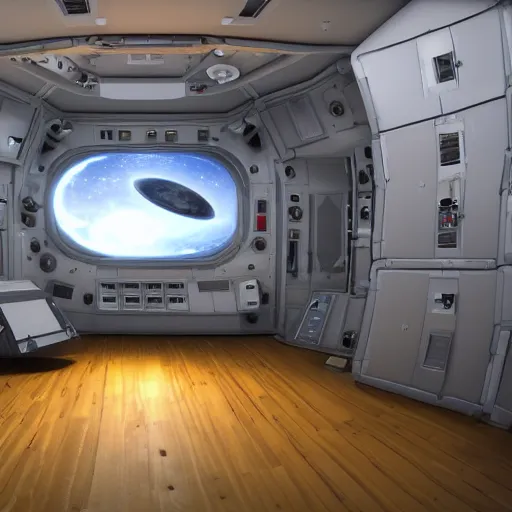 Prompt: Room of a spacecraft, with a bunk, photo realistic, playing, CGI, Unreal Engine, Hdri