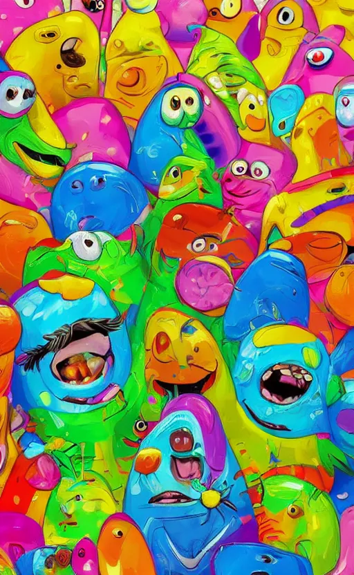 Image similar to a bright and colorful detailed photorealistic painting of a funny looking character. the character is making a silly face and the background is filled with happy looking animals. high quality. photorealistic. hq. hd. 4 k. award winning. trending on artstation