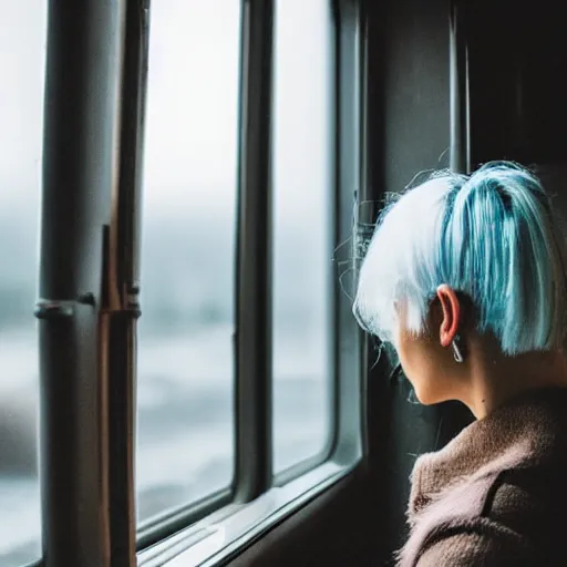 Prompt: a beautiful young woman with white hair looking out of a train window, cyberpunk city, photography, dslr 1 5 mm, rainy weather, 4 k