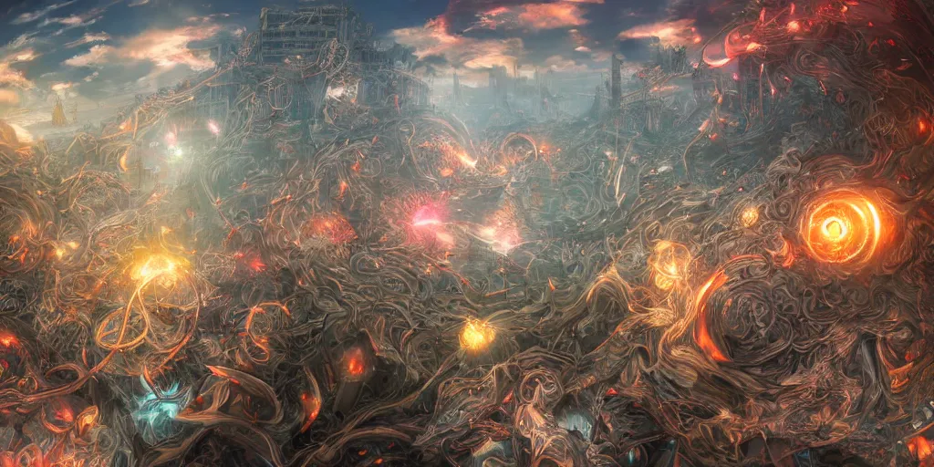 Image similar to the whirlwinds of revolt will continue to shake the foundations of our nation until the bright day of justice emerges. ultrafine highly detailed hyper colorful illustration, intricate linework, sharp focus, octopath traveler, final fantasy, unreal engine highly rendered, global illumination, radiant light, intricate environment