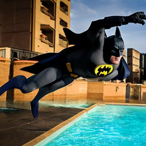 Image similar to batman doing a dive in the local pool