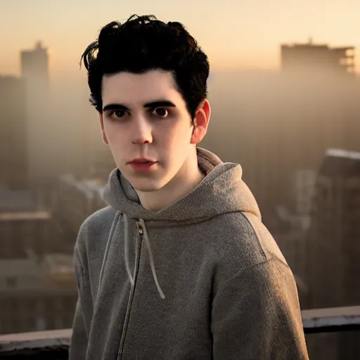 Image similar to un ultra high definition studio quality photograph portrait of a pale young man with black hair standing on the rooftop of an apartment building wearing all eclectic clothes. wide angle. morning. clear. fog. three point light. extremely detailed. golden hour, golden ratio, ray tracing, volumetric light, shallow depth of field.