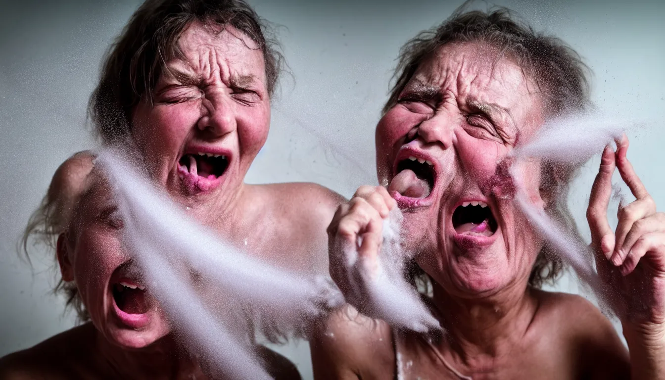 Prompt: o hyper realistic photo in a small scruffy bedroom, a weathered old man with a beautiful woman's screaming face, feedback loop, burst of powders, spraying liquid, volumetric lighting, twisting vapour, bellowing dust, emerging hands, full colour, upscale, 4 k