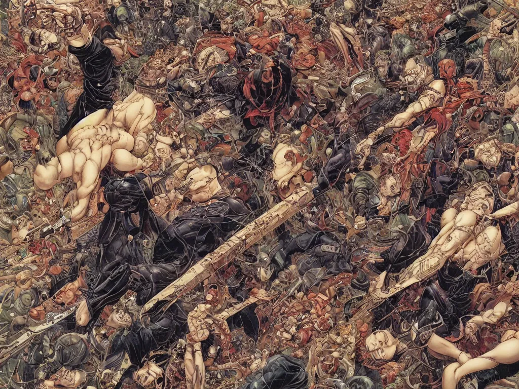 Image similar to scene of crazy splinter fight, full body symmetrical, by yoichi hatakenaka, masamune shirow, josan gonzales and dan mumford, ayami kojima, takato yamamoto, barclay shaw, karol bak, yukito kishiro