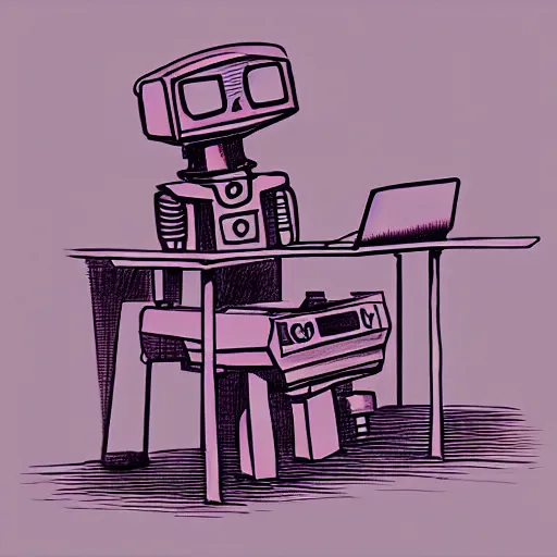 Prompt: lofi robot drawing at his desk, stylized, artstation