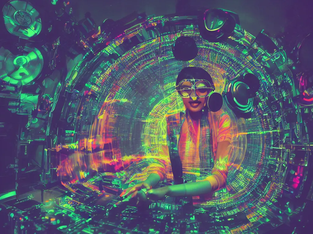 Prompt: an indian woman wearing goggles and visor and headphones using a retro record player contraption, microphone, speakers, turntablism dj scratching, screens, smoky atmosphere, intricate planetary gears, cinematic, imax, sharp focus, leds, bokeh, iridescent, black light, fog machine, hazy, lasers, hologram, hyper color digital art