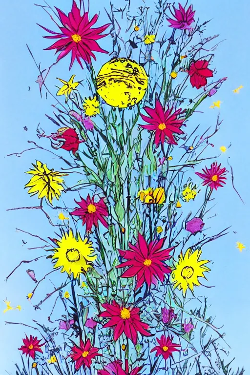 Prompt: an explosion of flowers against a bright blue sky, 80s sci-fi book art