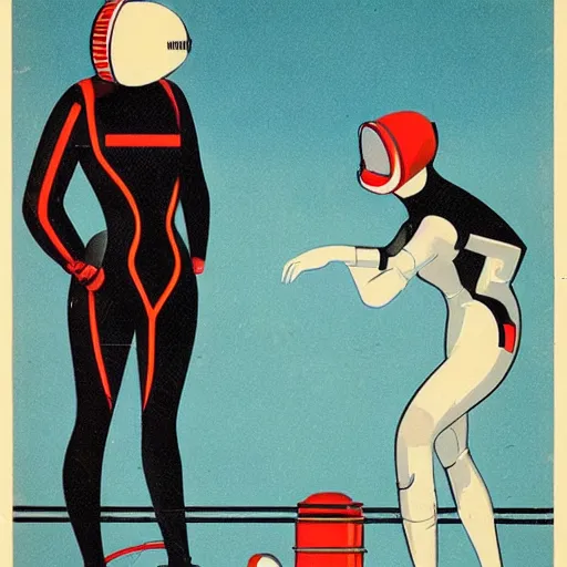 Image similar to deep - sea diving suit, art - deco style, sharp lines