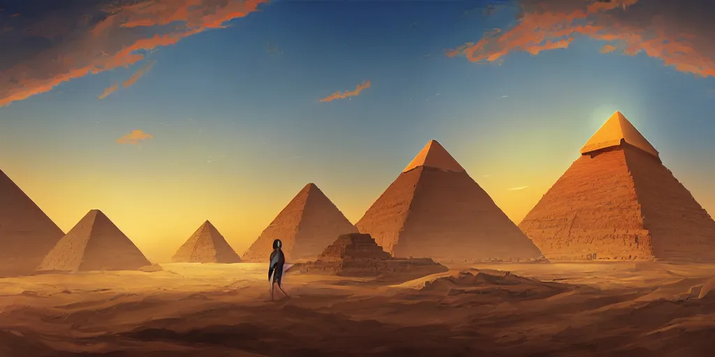 Prompt: egyptian landscape with pyramids by makoto shinkai