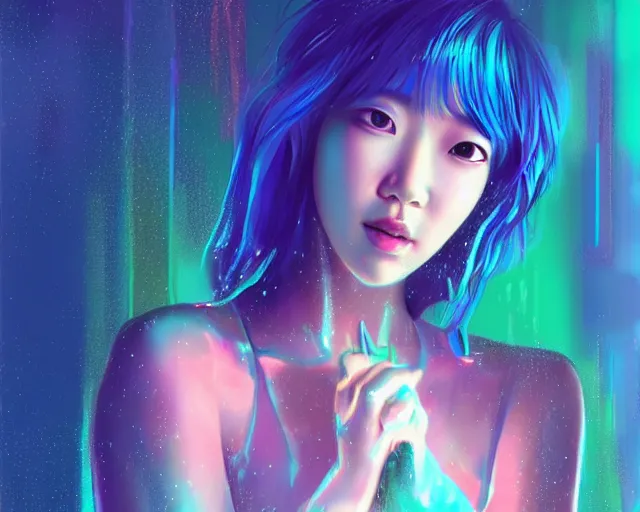 Image similar to a digital painting of park shin hye in the rain with blue hair, cute - fine - face, pretty face, cyberpunk art by sim sa - jeong, cgsociety, synchromism, detailed painting, glowing neon, digital illustration, perfect face, extremely fine details, realistic shaded lighting, dynamic colorful background