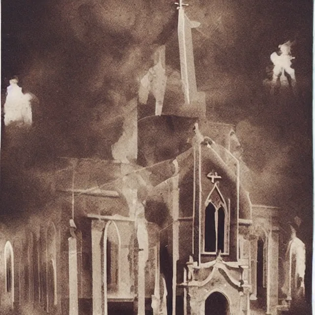 Prompt: burning church polaroid, surrealistic collage art