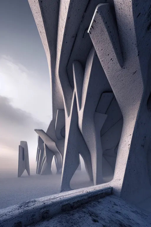 Prompt: sci - fi concrete brutalist architecture in the italian dolomites, snowfall, rutkowski, zaha hadid, beksinski, oil painting, photoreal, highly detailed, 8 k, hd, vray, artstation, cinematic matte painting, extreme detail photo quality, sunset, featured on behance