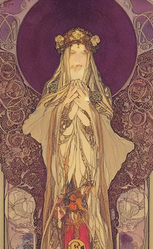 Image similar to the empress, tarot, beautiful border, by alfons maria mucha, highly detailded