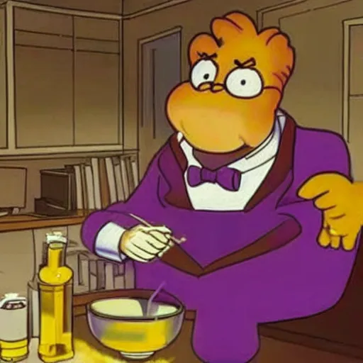 Image similar to garfield as a mad scientist creating thanos in a laboratory