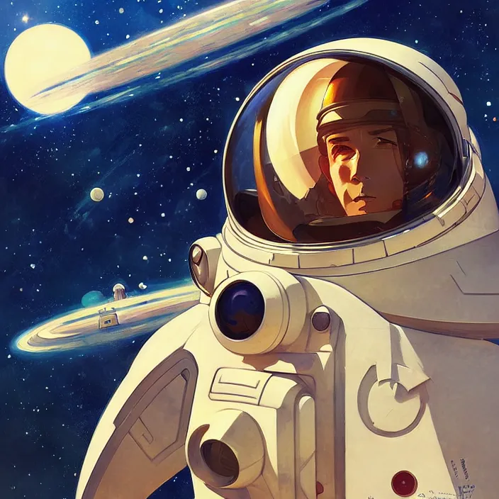 Image similar to space ship pilot in the style of studio ghibli, j. c. leyendecker, greg rutkowski, artem