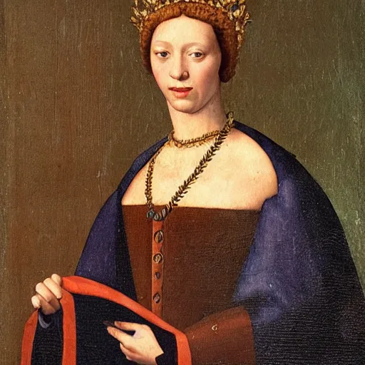 Prompt: a renaissance style portrait painting of an animal, wearing a crown and cape, dark background