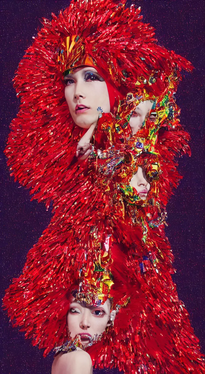 Image similar to a female full - body character design, concept art, wearing psychedelic high fashion, a red sequined bodysuit, beads hanging over her face like an alexander mcqueen headdress, costume by eiko ishioka, haute couture, and a red cape, by moebius, steven outram, colorful and psychedelic, hd, 8 k, artstation, high quality