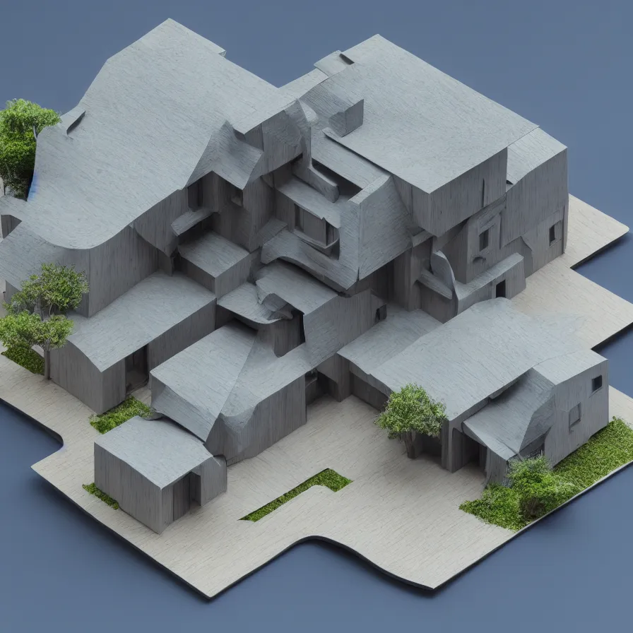 Image similar to architectural model, isometric view, 3 d render, studio lighting, wood and paper, low contrast, dark background, highly detailed, house, courtyard, tree, blue, mvrdv