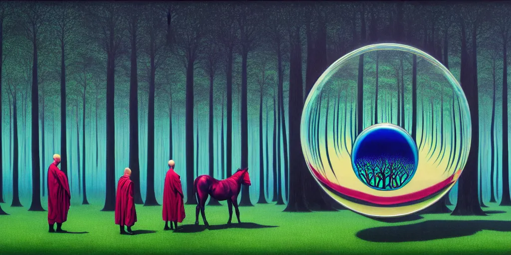 Image similar to neurograph, fluid art, an echo, a prism and a dream, monks wearing black, psychedelic horses, trees in a forest through a spherical lens, surrealism, intricate, elegant, highly detailed, digital painting, trending on artstation, concept art, sharp focus, by rene magritte, moebius, wide shot