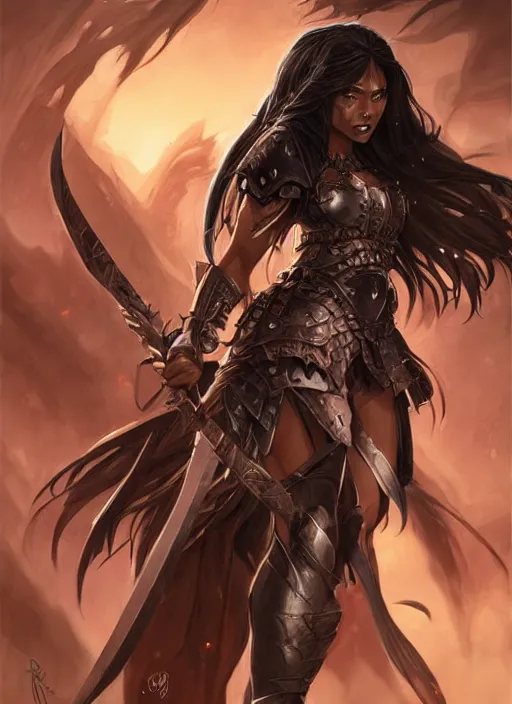 Image similar to beautiful warrior lady, black long hair, practical armor, brown skin, demonic eyes, low fantasy, extremely detailed, sharp focus, smooth, digital illustration, by rossdraws, frank franzzeta, sakimichan