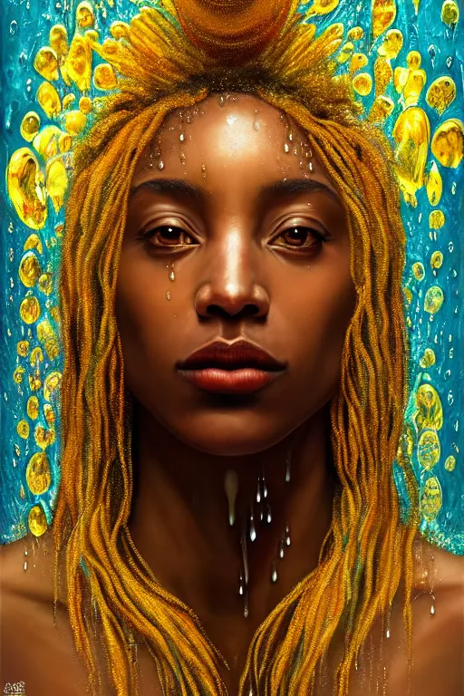 Image similar to hyperrealistic precisionist cinematic profile very expressive! oshun goddess, in water! john everett millais, mirror dripping droplet!, gold flowers, highly detailed face, digital art masterpiece, smooth eric zener cam de leon, dramatic pearlescent turquoise light on one side, low angle uhd 8 k, shallow depth of field