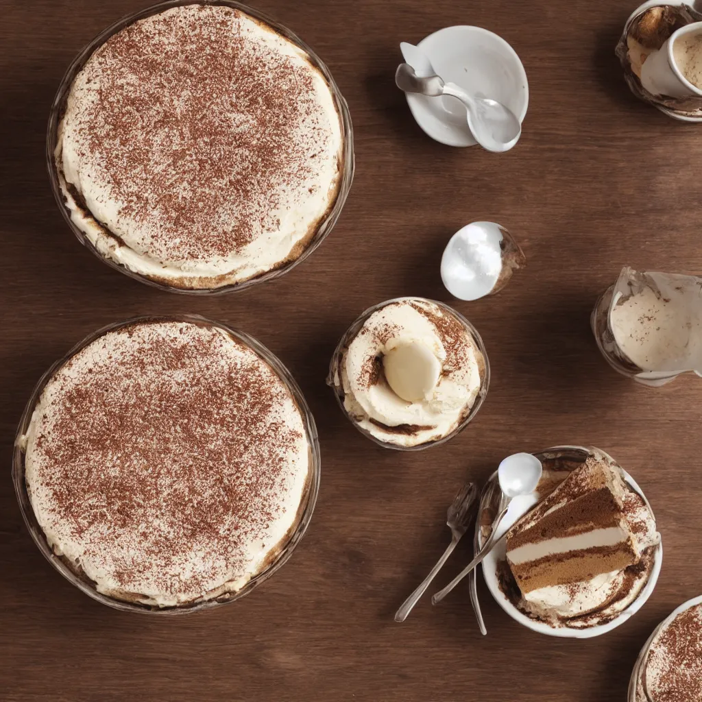 Prompt: close - up view of tiramisu on top of a wooden table, 8 k, high detail, photorealistic, proper shading