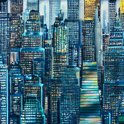 Image similar to a photo of the new york skyline except all the buildings are made of iridescent bubbles