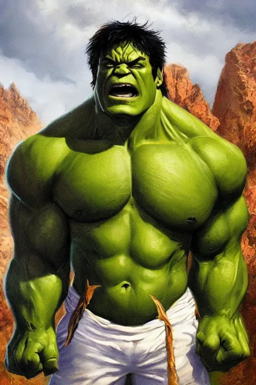 Image similar to a full body high detail fantasy portrait oil painting illustration of hulk by justin sweet with face and body clearly visible, in a scenic background, pretty eyes, realistic proportions, d & d, rpg, forgotten realms, artstation trending, high quality, sombre mood, artstation trending, muted colours, entire person visible!