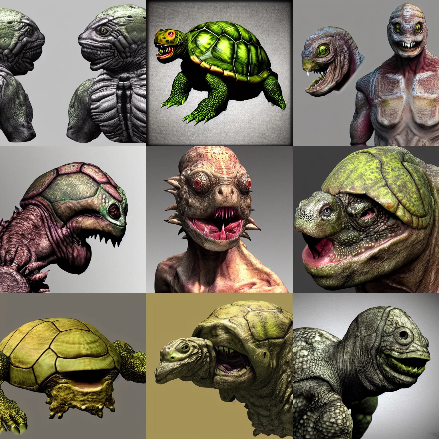 Prompt: humanoid turtle monster, photorealistic, grimdark, gruesome, front view, side view