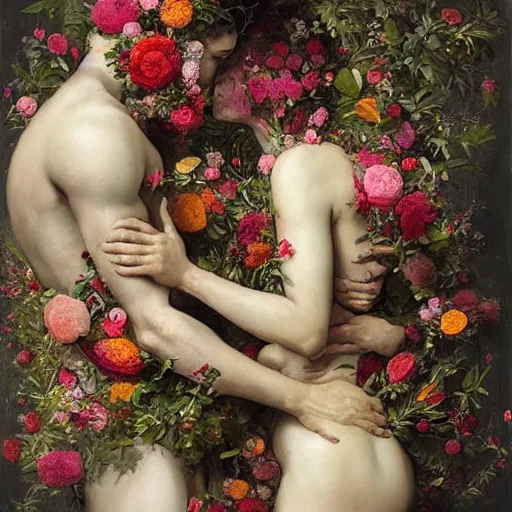 Image similar to two bodies entwined, covered by flowers, by arcimboldo, greg rutkowski