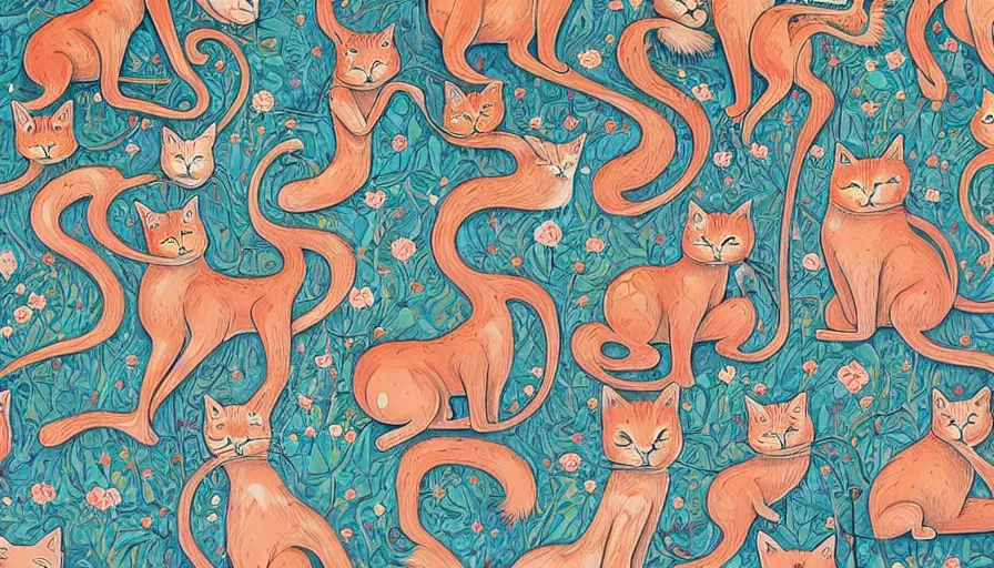 Image similar to artwork of really tall sitting cats by james jean, thick brush, 4 k resolution, floral background