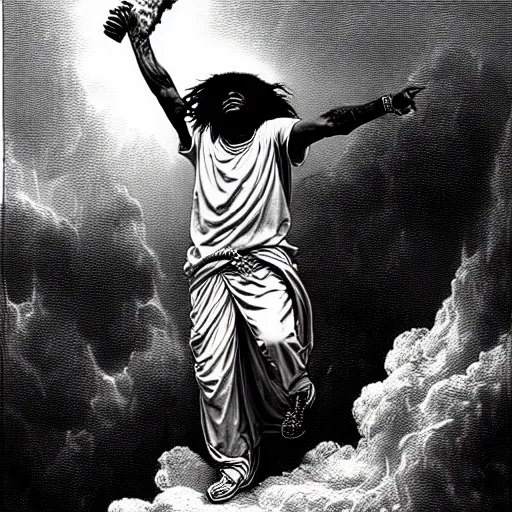 Prompt: cheef keef ascending into heaven holding actavis, biblical image, style of gustave dore, highly detailed, beautiful, high contrast, black and white