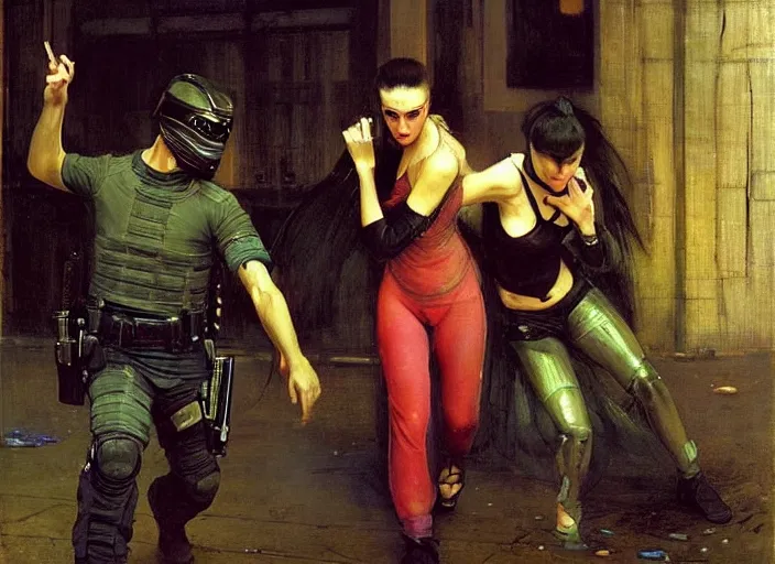 Image similar to Maria evades sgt Griggs. Cyberpunk ninja escaping Menacing Cyberpunk police trooper griggs. (dystopian, police state, Cyberpunk 2077, bladerunner 2049). Iranian orientalist portrait by john william waterhouse and Edwin Longsden Long and Theodore Ralli and Nasreddine Dinet, oil on canvas. Cinematic, vivid colors, hyper realism, realistic proportions, dramatic lighting, high detail 4k