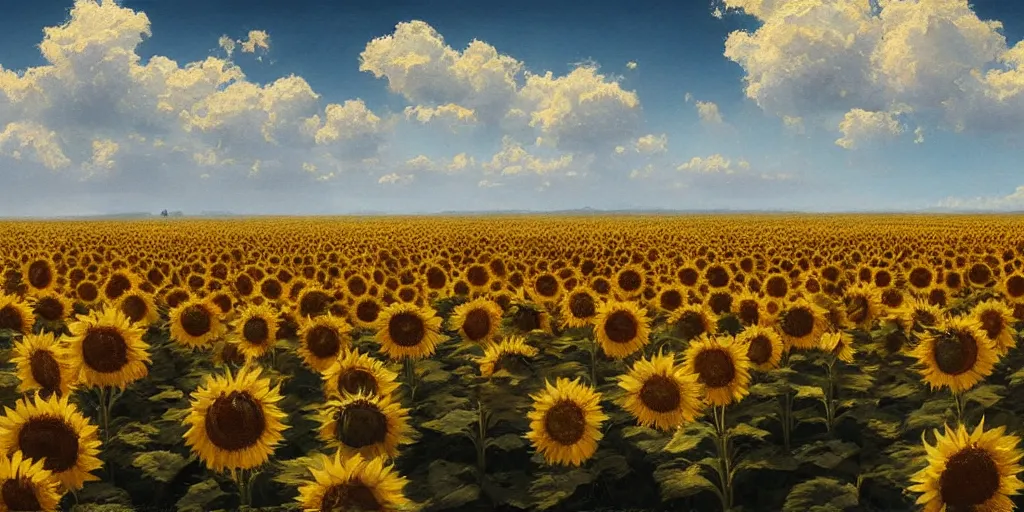 Prompt: Hyper realistic oil painting of an endless sunflower field, high contrast, blue skies, cinematic, by greg rutkowski