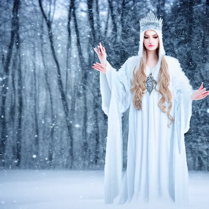 Prompt: photograph of a real-life beautiful ice queen with ornate robe and crown in an ethereal snowy landscape. Extremely detailed. 8k