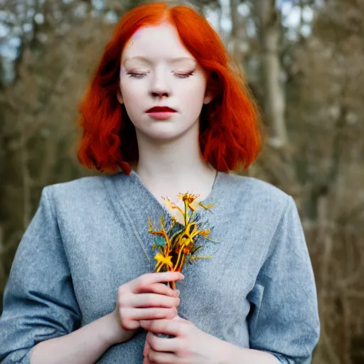 Image similar to Portrait of a young redhead lady with a flower, Canon EOS R3, f/1.4, ISO 200, 1/160s, 8K, RAW, unedited, symmetrical balance, in-frame