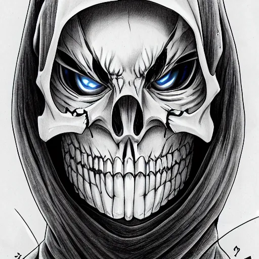 Image similar to A anime still of a grim reaper by Takeshi Obata, skeleton face symmetrical face,pencil art on paper