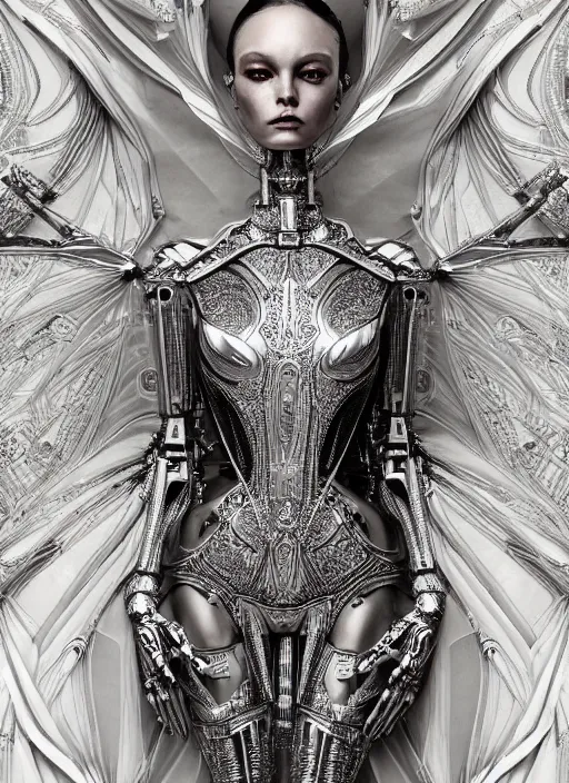 Prompt: portrait of beautiful female robot super model, perfect symmetrical pose, sharp, by irakli nadar with intricate detailed wearing silver victorian dress designed by alexander mcqueen and rocky gathercole, haunting, elite, elegant, ruan jia, dark, hyper detailed, concept art, intricate, detailed