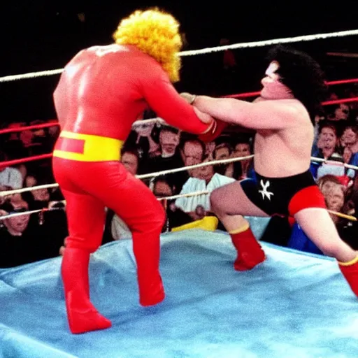 Prompt: Ronald McDonald and the Burger King brawl it out in a WWE wrestling ring, 1990s