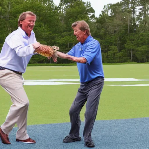 Image similar to Steve Spurrier dancing with an alligator, high detail, photo realistic, rendered 8k
